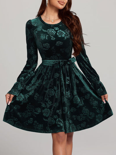 Floral Velvet Long Sleeves Belted Midi A-Line Dress