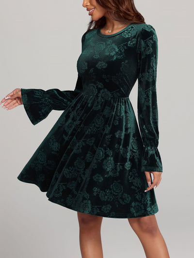 Floral Velvet Long Sleeves Belted Midi A-Line Dress