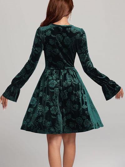 Floral Velvet Long Sleeves Belted Midi A-Line Dress