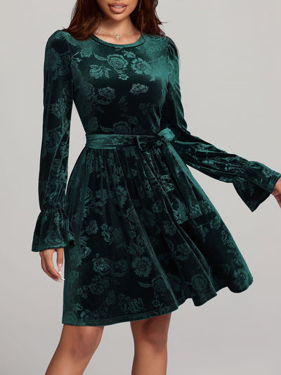 Floral Velvet Long Sleeves Belted Midi A-Line Dress