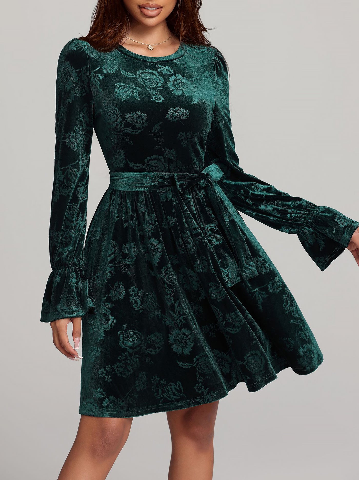 Allegra K Floral Velvet Long Sleeves Belted Midi A-Line Dress