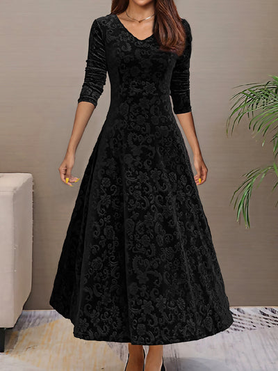 Velvet Floral V Neck Long Sleeves Maxi Dress