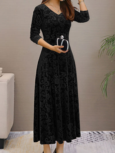 Velvet Floral V Neck Long Sleeves Maxi Dress