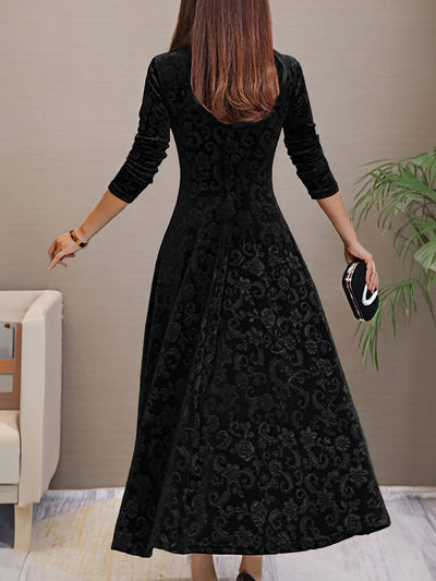 Velvet Floral V Neck Long Sleeves Maxi Dress