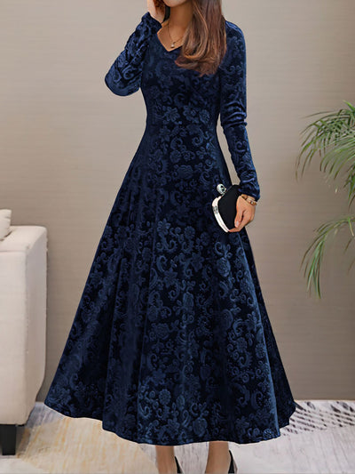 Velvet Floral V Neck Long Sleeves Maxi Dress