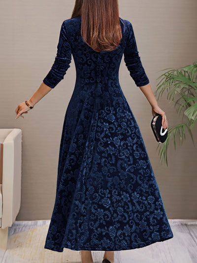 Velvet Floral V Neck Long Sleeves Maxi Dress