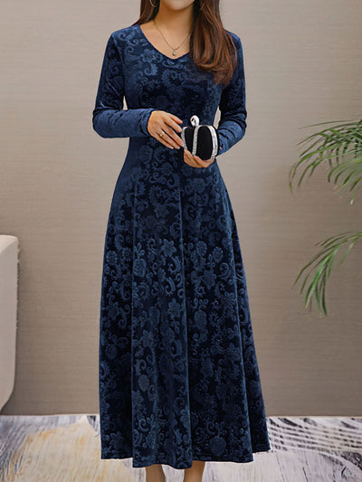 Velvet Floral V Neck Long Sleeves Maxi Dress