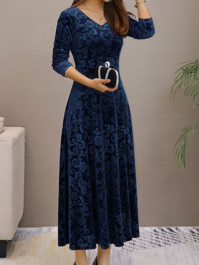 Velvet Floral V Neck Long Sleeves Maxi Dress