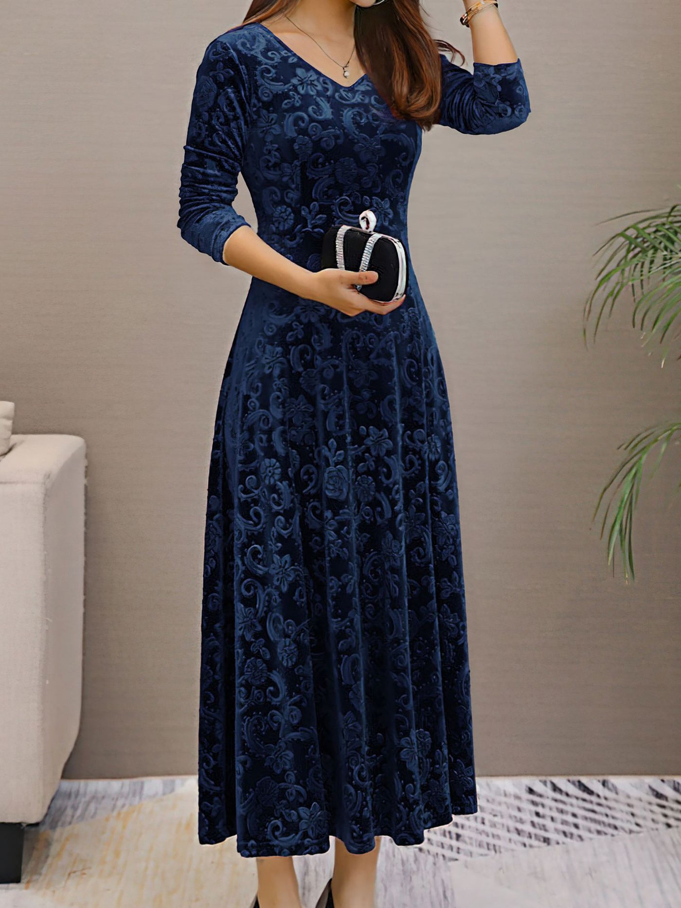 Allegra K Velvet Floral V Neck Long Sleeves Maxi Dress