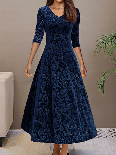 Velvet Floral V Neck Long Sleeves Maxi Dress