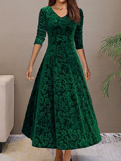 Velvet Floral V Neck Long Sleeves Maxi Dress