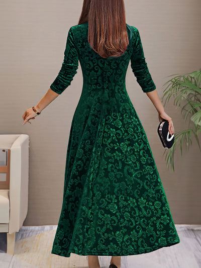 Velvet Floral V Neck Long Sleeves Maxi Dress