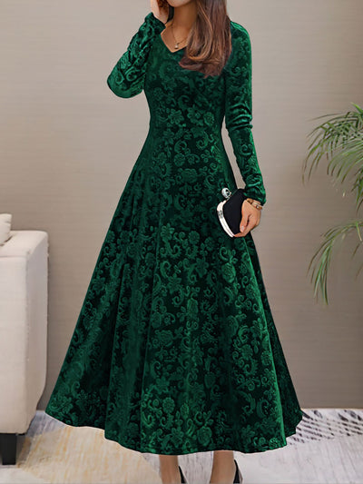 Velvet Floral V Neck Long Sleeves Maxi Dress