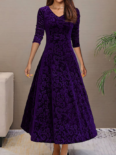 Velvet Floral V Neck Long Sleeves Maxi Dress