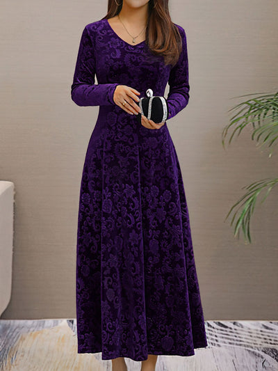 Velvet Floral V Neck Long Sleeves Maxi Dress