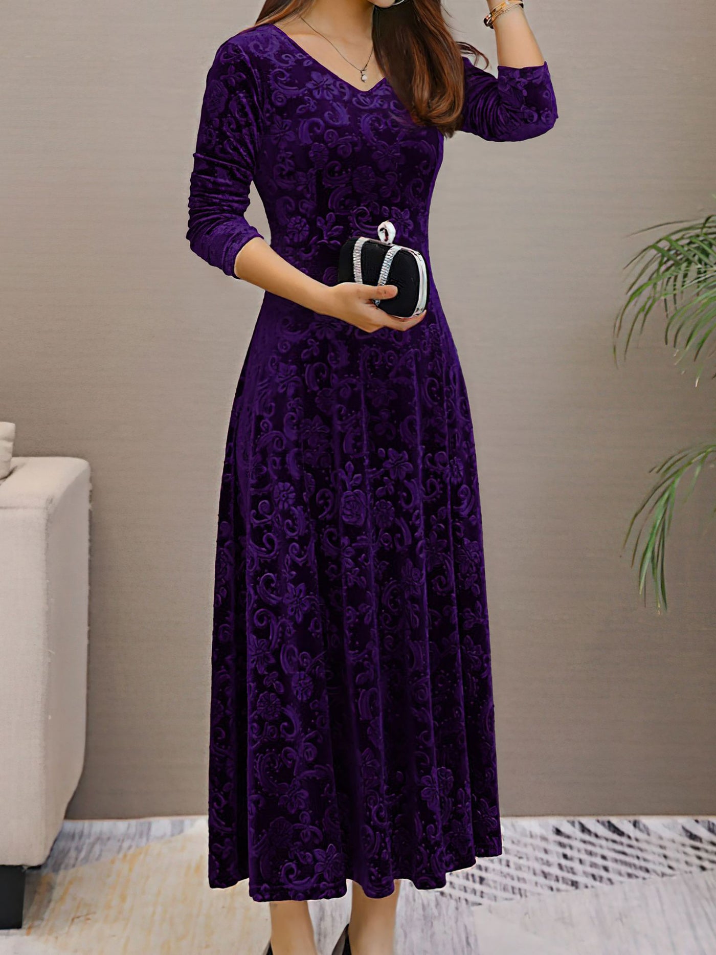 Allegra K Velvet Floral V Neck Long Sleeves Maxi Dress