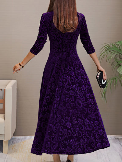 Velvet Floral V Neck Long Sleeves Maxi Dress