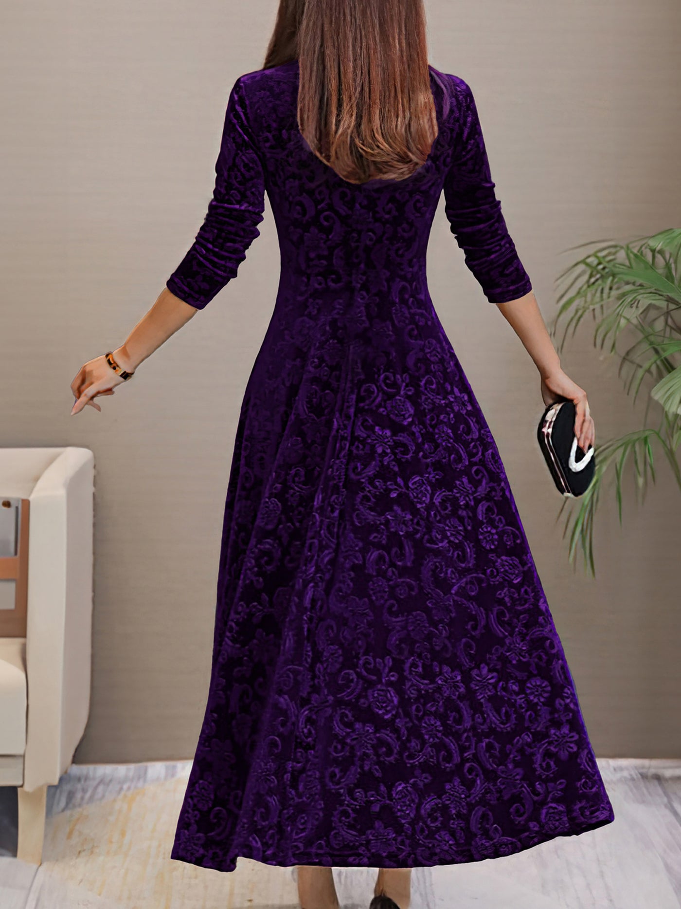 Allegra K Velvet Floral V Neck Long Sleeves Maxi Dress