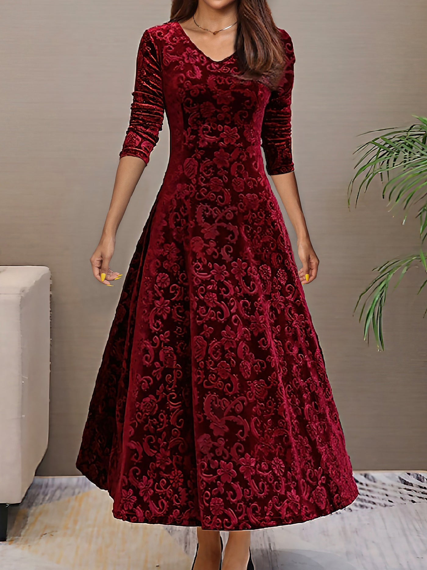 Allegra K Velvet Floral V Neck Long Sleeves Maxi Dress