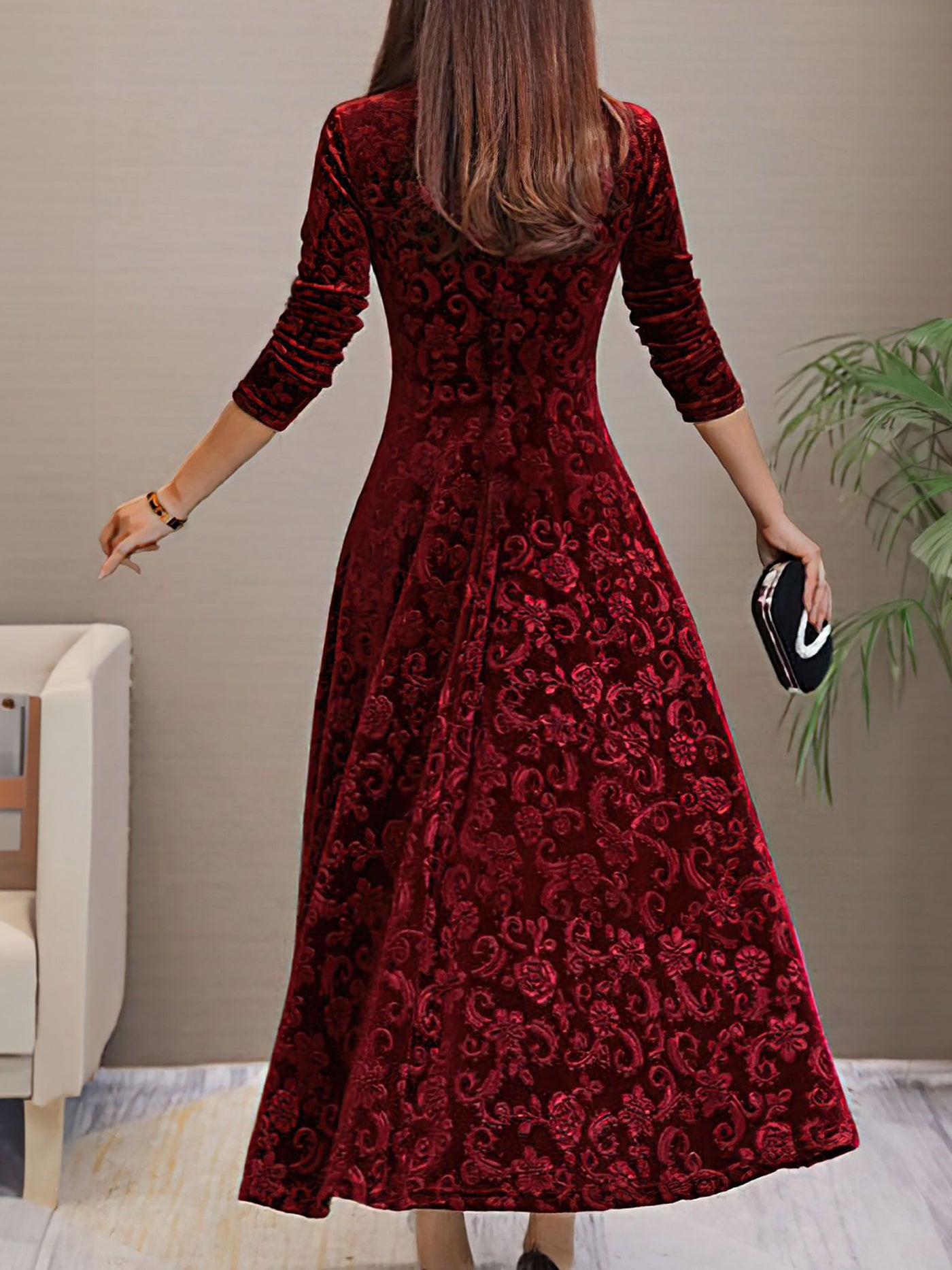 Allegra K Velvet Floral V Neck Long Sleeves Maxi Dress