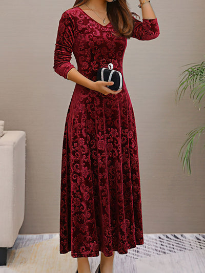 Velvet Floral V Neck Long Sleeves Maxi Dress