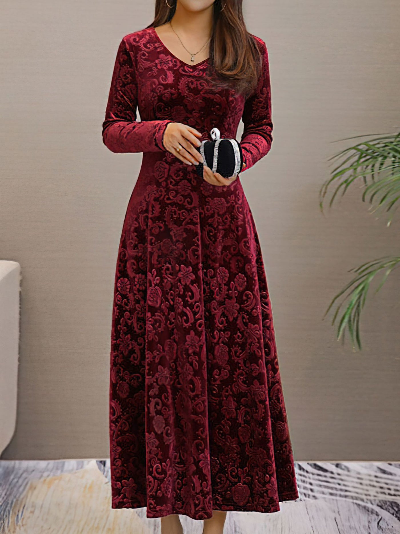 Allegra K Velvet Floral V Neck Long Sleeves Maxi Dress