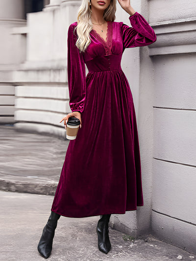 Lace Paneled Solid Color Velvet Long Sleeve Maxi Dress