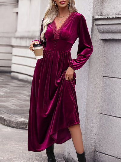 Lace Paneled Solid Color Velvet Long Sleeve Maxi Dress