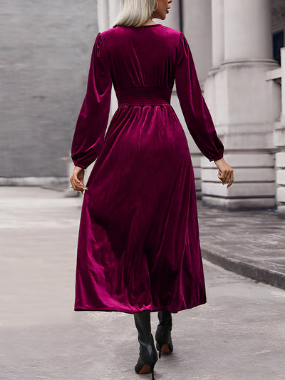 Lace Paneled Solid Color Velvet Long Sleeve Maxi Dress