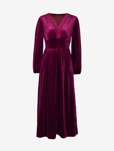 Lace Paneled Solid Color Velvet Long Sleeve Maxi Dress