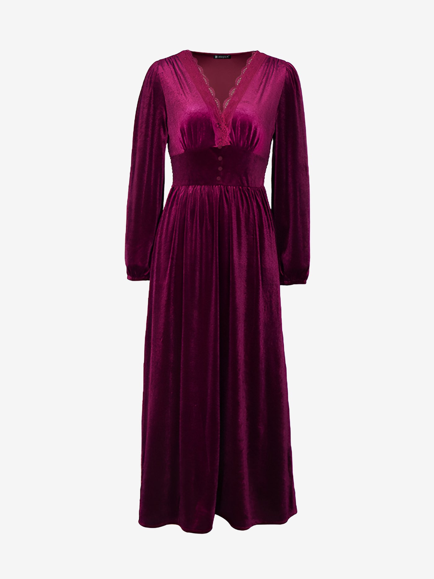 Allegra K Lace Paneled Solid Color Velvet Long Sleeve Maxi Dress