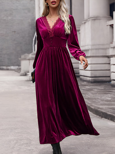 Lace Paneled Solid Color Velvet Long Sleeve Maxi Dress