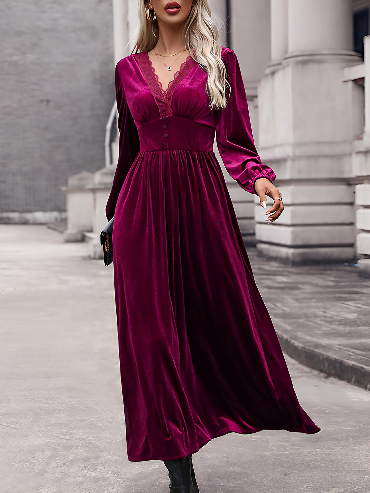 Allegra K Lace Paneled Solid Color Velvet Long Sleeve Maxi Dress