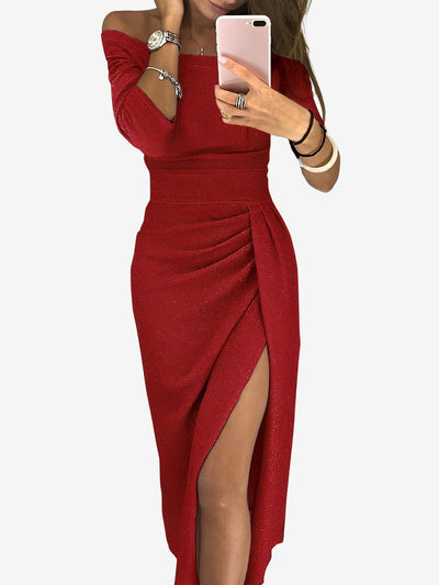 Glitter Off Shoulder Slit Ruched Bodycon Maxi Dress