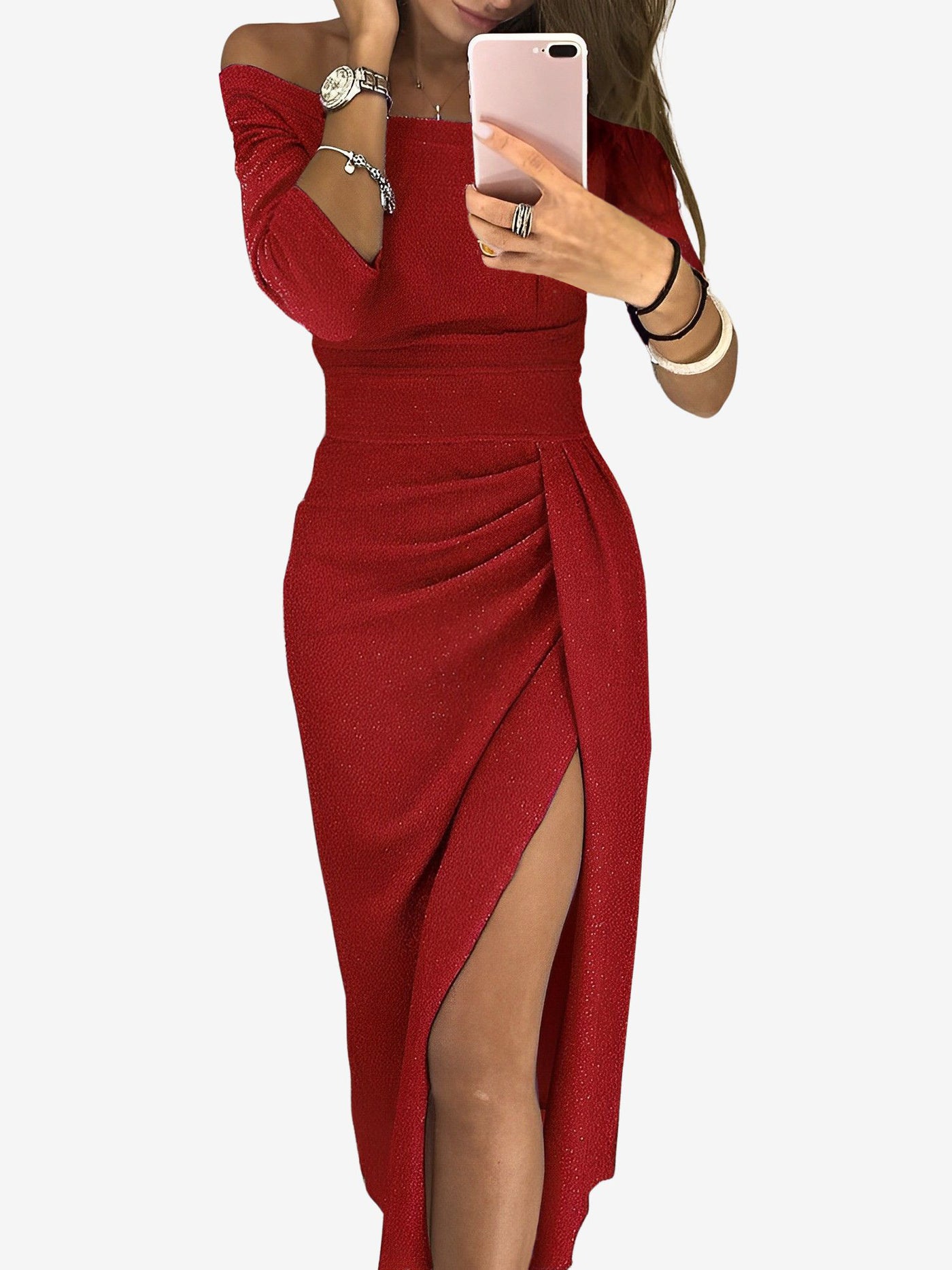 Allegra K Glitter Off Shoulder Slit Ruched Bodycon Maxi Dress