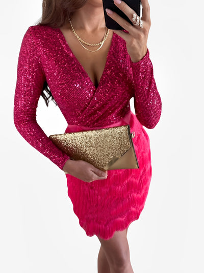 Sequin Glitter Fringe Patchwork Bodycon Mini Dress