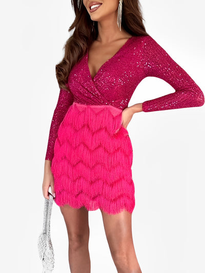 Sequin Glitter Fringe Patchwork Bodycon Mini Dress