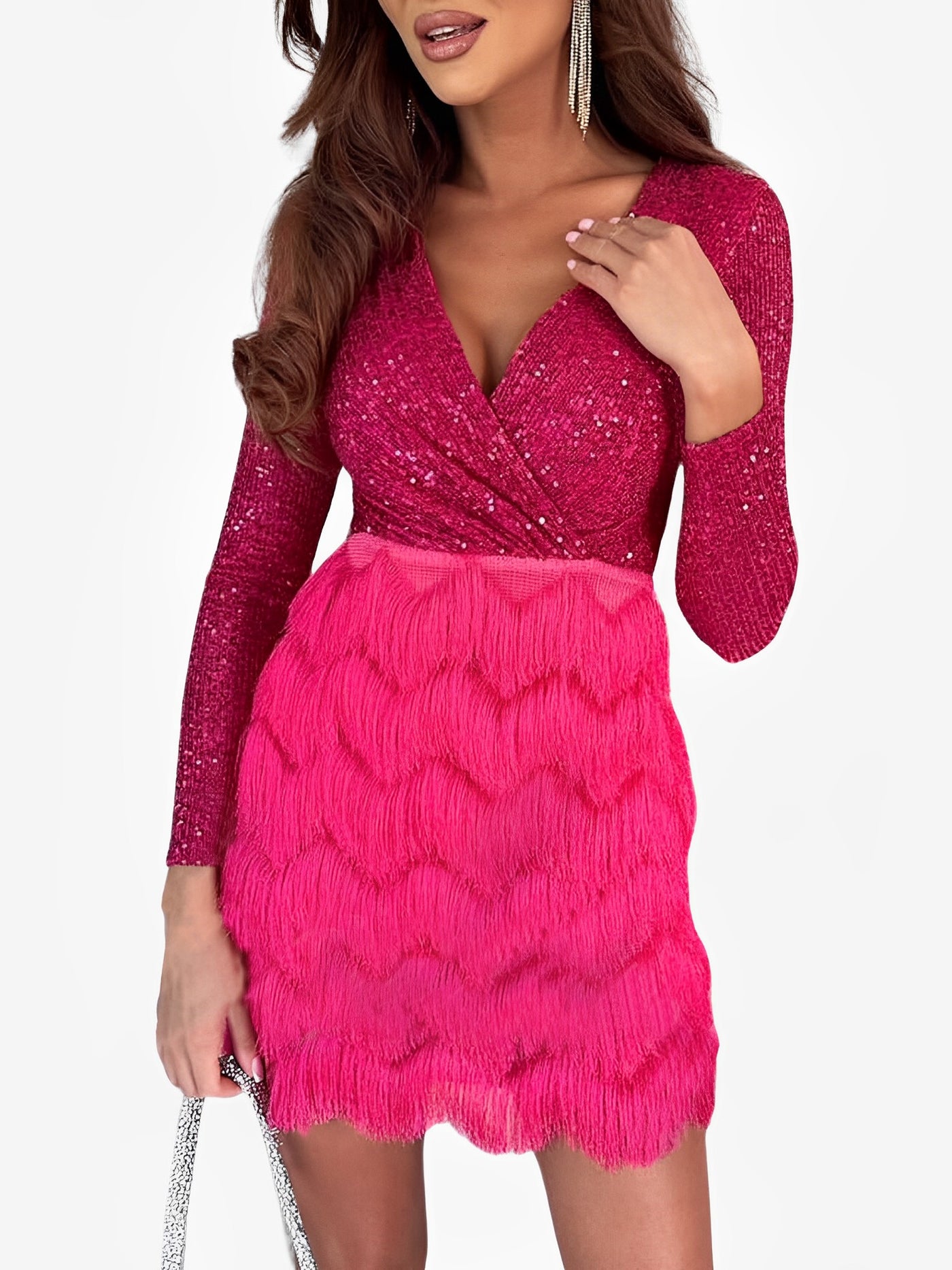 Allegra K Sequin Glitter Fringe Patchwork Bodycon Mini Dress