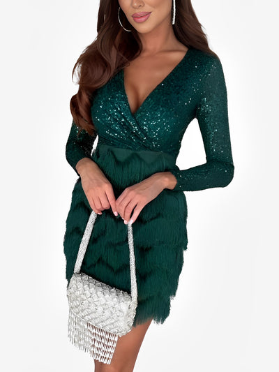 Sequin Glitter Fringe Patchwork Bodycon Mini Dress