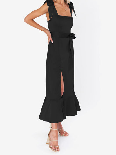 Bow Lace-Up Belted Slit Ruffled Sleeveless Midi Dress