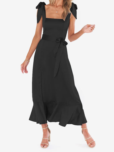 Bow Lace-Up Belted Slit Ruffled Sleeveless Midi Dress