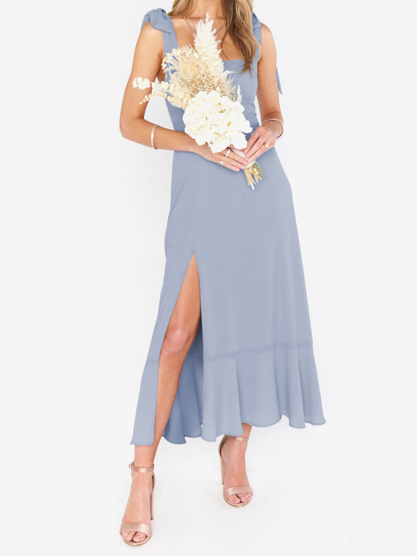 Allegra K Bow Lace-Up Belted Slit Ruffled Sleeveless Midi Dress