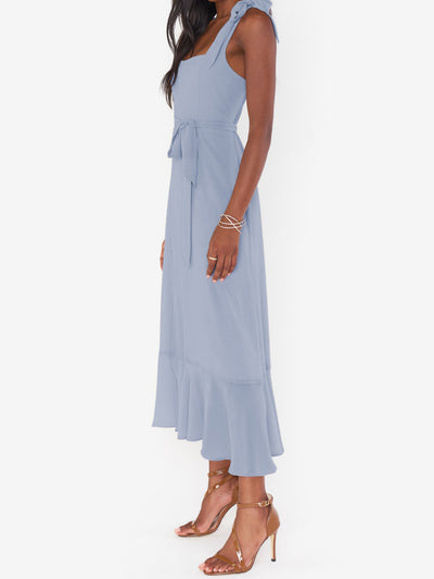 Bow Lace-Up Belted Slit Ruffled Sleeveless Midi Dress