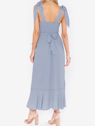 Bow Lace-Up Belted Slit Ruffled Sleeveless Midi Dress