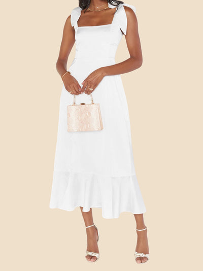 Bow Lace-Up Belted Slit Ruffled Sleeveless Midi Dress