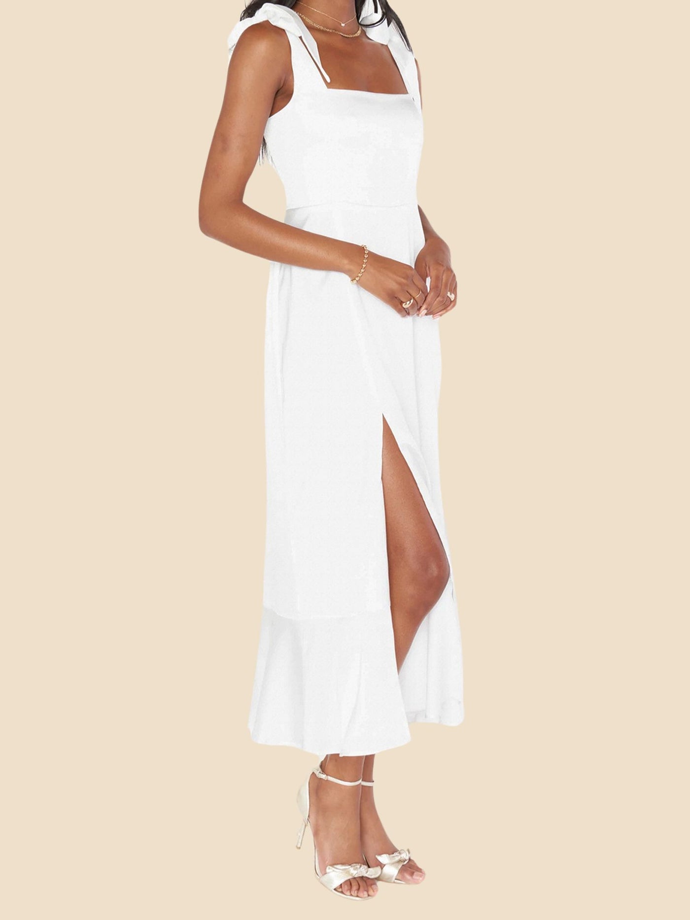 Allegra K Bow Lace-Up Belted Slit Ruffled Sleeveless Midi Dress