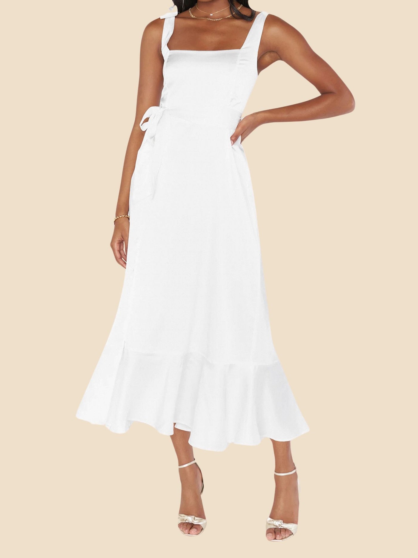 Allegra K Bow Lace-Up Belted Slit Ruffled Sleeveless Midi Dress