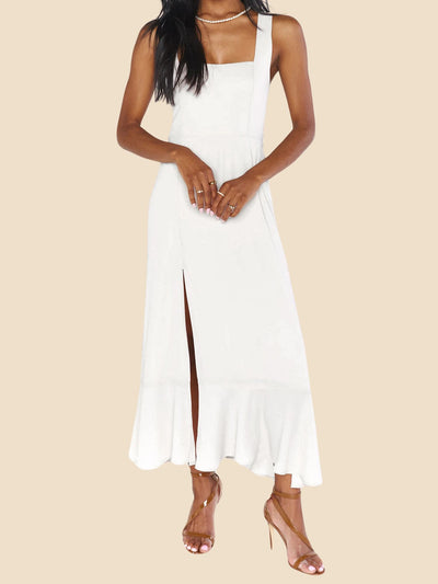 Bow Lace-Up Belted Slit Ruffled Sleeveless Midi Dress