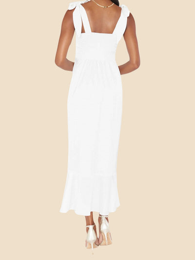 Bow Lace-Up Belted Slit Ruffled Sleeveless Midi Dress