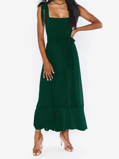 Bow Lace-Up Belted Slit Ruffled Sleeveless Midi Dress